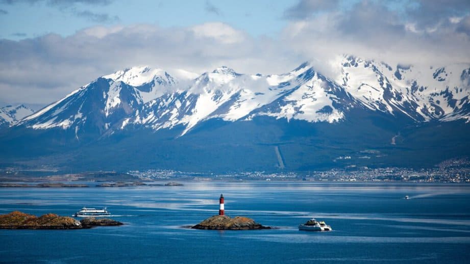 Tierra del Fuego, Argentina mountain range and lighthouse